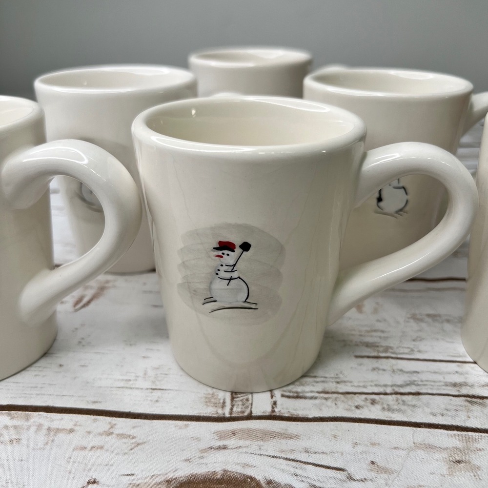 Williams-Sonoma Snowman Decorative Mugs Cream Set of 6 Holiday Winter Boxed OS